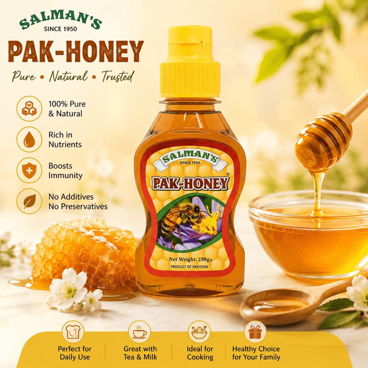 Salman's PAK-HONEY - Pure & Natural Honey (600g) Since 1950 - Product of Pakistan