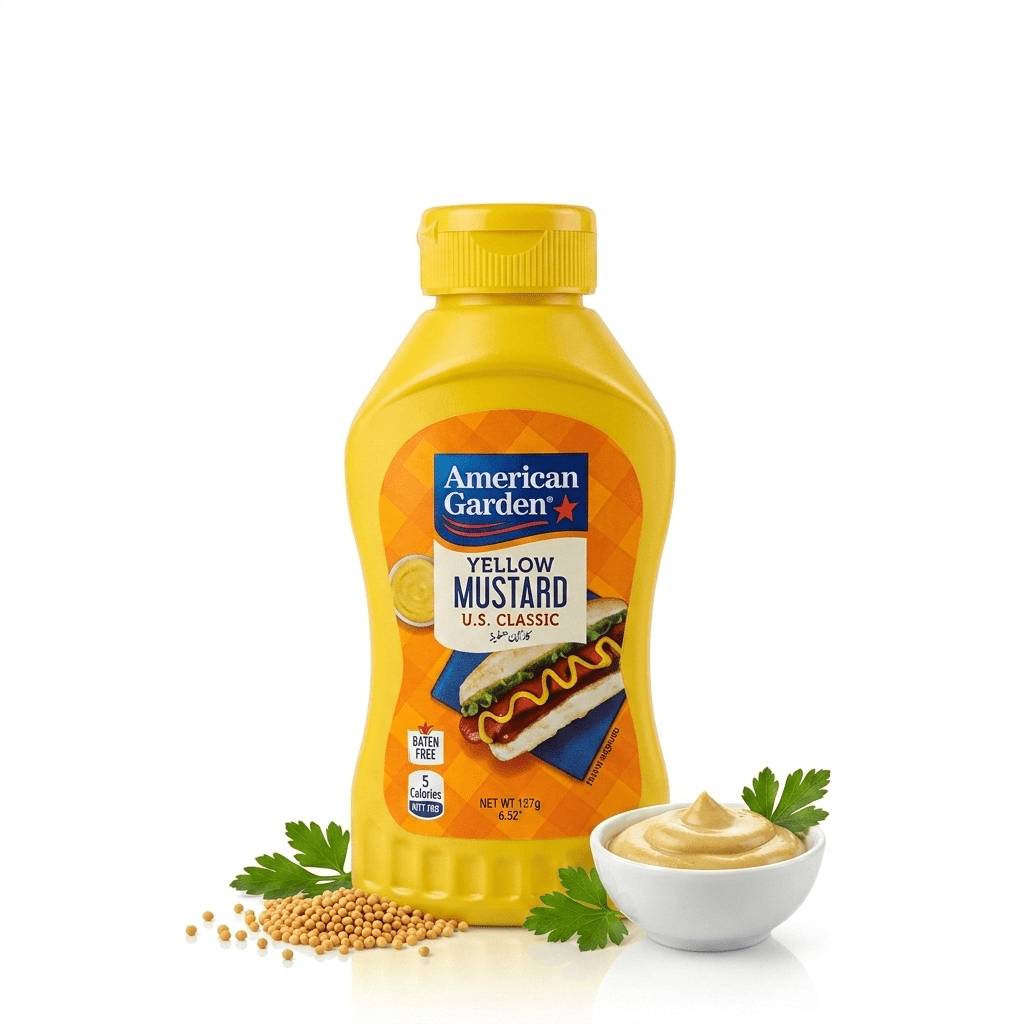 American Garden Classic Yellow Mustard 227g (8oz) | Gluten-Free Imported Mustard Sauce | Perfect for Hot Dogs, Burgers & Sandwiches
